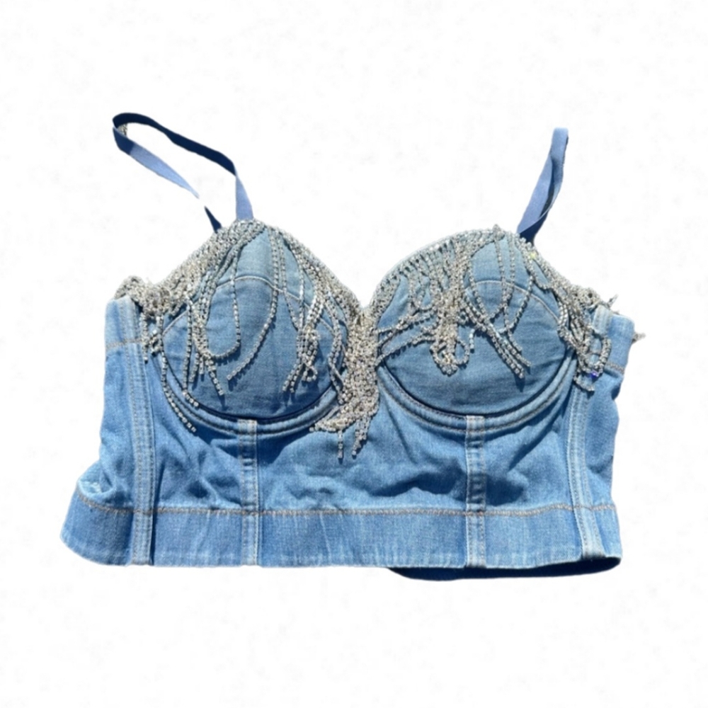 Denim & Rhinestone Corset Crop Top - Large